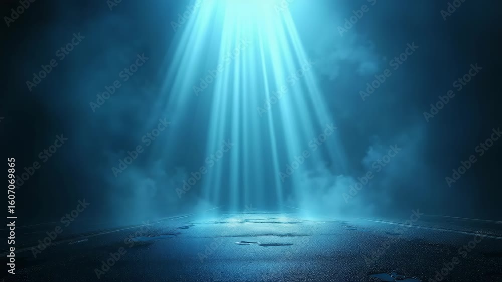Poster rays neon light on neon brick wall. empty scene. neon reflections on wet asphalt. cyberpunk backgrou