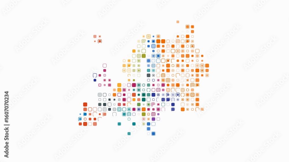 Poster europe dotted animation. shape of the continent build of pulsating colored dots. large size rounded 