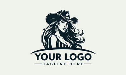 Elegant monochrome illustration of a woman wearing a cowboy hat, designed for a logo.