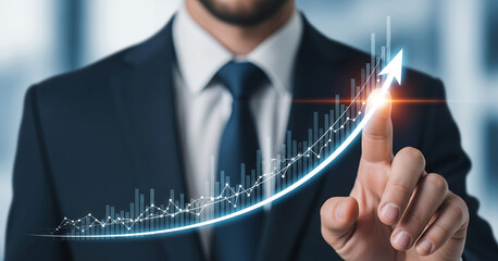 Finger of a businessman activates a steep upward arrow, reflecting growth, analytics, and futuristic trends in a competitive financial market.