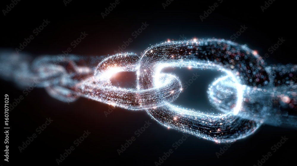Poster close-up of a glowing digital chain link symbolizing connection and security in a modern tech enviro