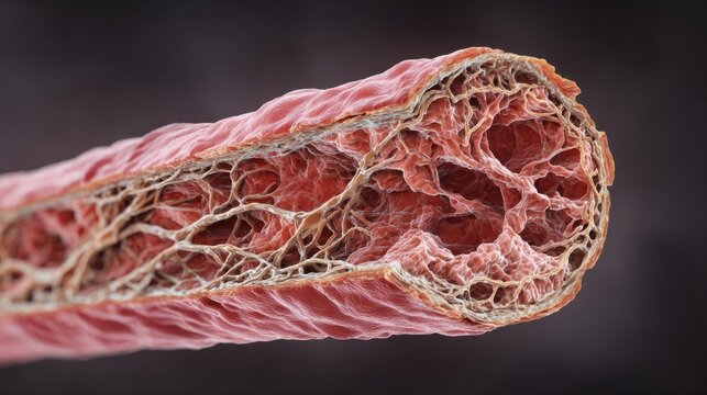 Crosssectional visualization of lymphatic blockage causing fluid retention and extreme limb enlargement in elephantiasis.