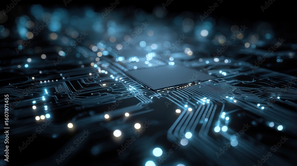 Poster close-up view of a modern microprocessor on a circuit board with glowing elements, showcasing advanc