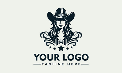 Graphic logo of a woman with long hair wearing a cowboy hat, adorned with stars and decorative swirls.