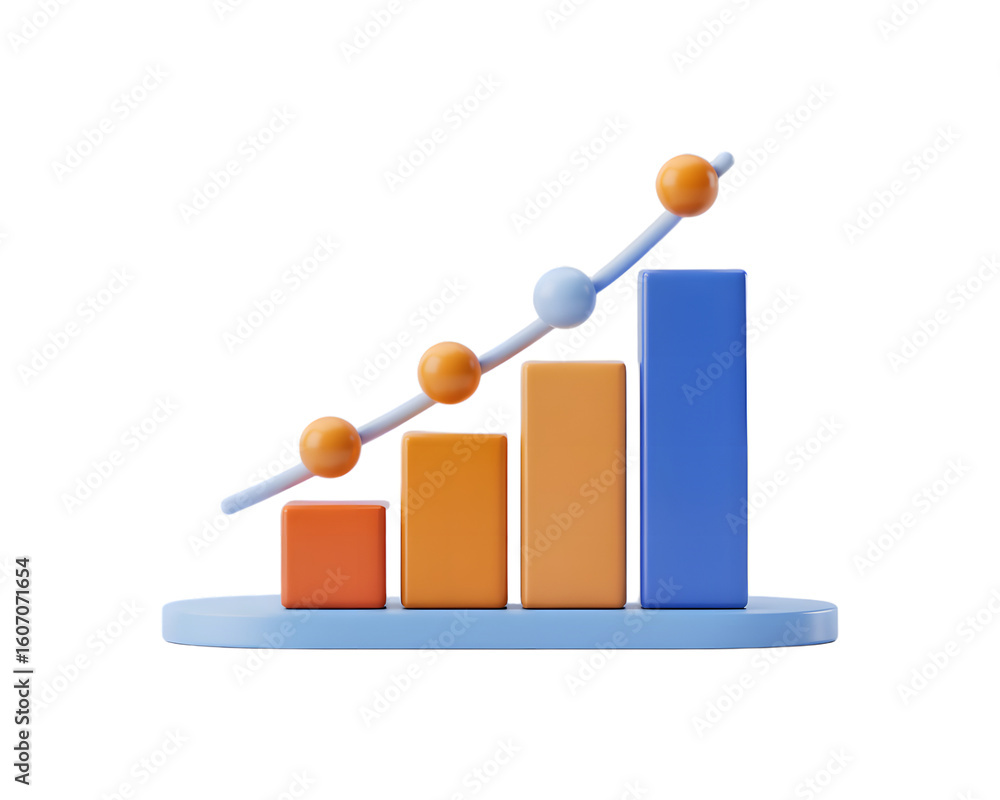 Poster 3d render of a bar graph with an upward trending line showing growth and progress on transparent bac