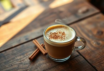Steaming cappuccino, sprinkled with cinnamon, rests on rustic wooden table,  autumn,  coffee