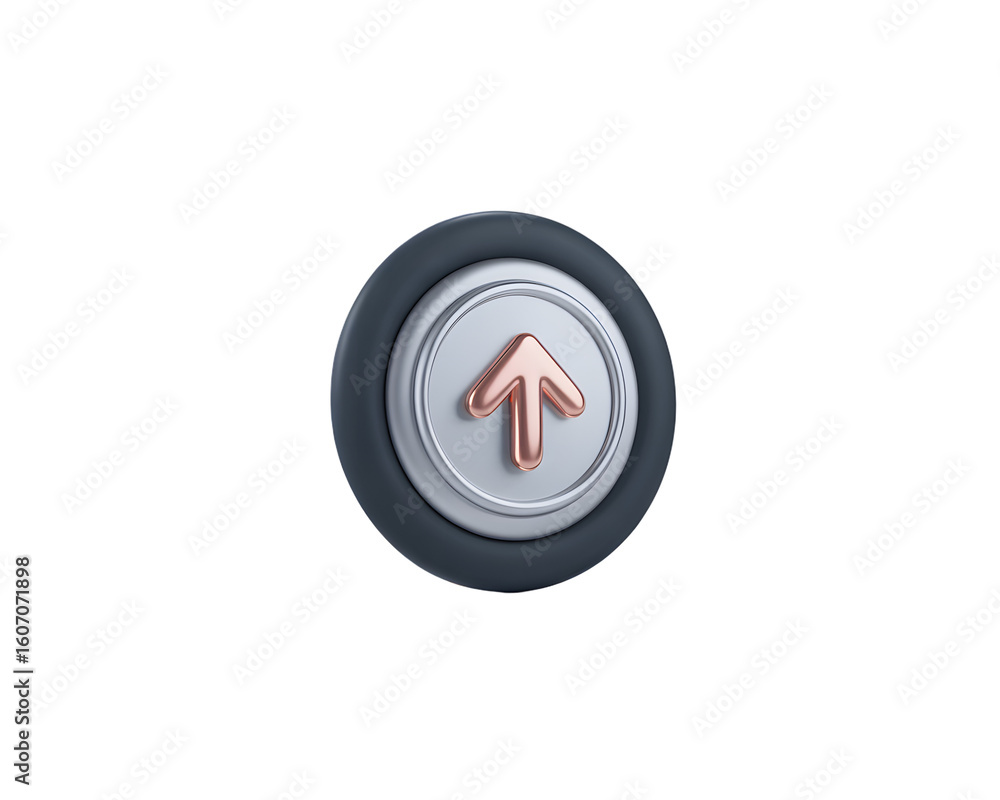 Poster 3d rendered up arrow icon with metallic accents round button and modern design element on transparen