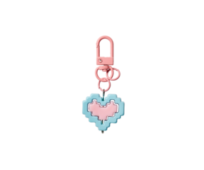 Pixelated heart charm keychain with pink and pale blue colors digital