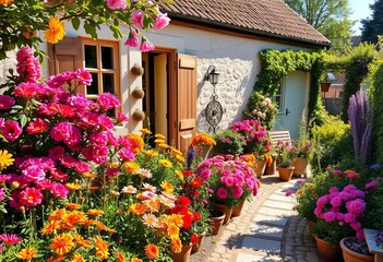 Fototapeta premium Sun-drenched cottage garden, vibrant blooms, rustic charm, weathered, path