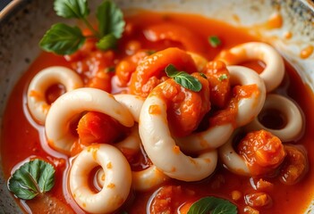Tender squid rings simmering in a rich, vibrant tomato sauce, squid rings, gastronomy