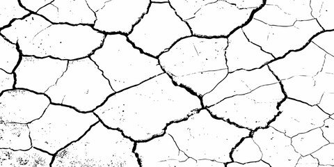 Cracked, parched earth texture in black and white with bold fissures and dry, fragmented patterns—ideal for desert, drought, or climate crisis visuals in design, illustration, or concept art.