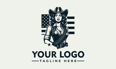Vintage logo design featuring a woman in a cowboy hat, holding a gun, and American flag background.