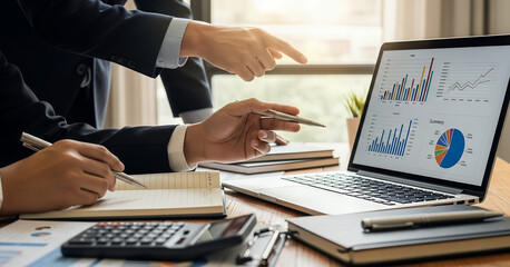 Business meeting in progress as two individuals review financial data and colorful graphs displayed on a laptop, with charts and documents around them.