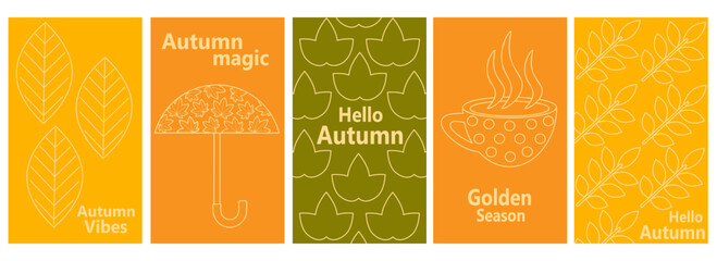 Autumn simple poster set. Autumn flyer set of designs Scandinavian mosaic. Banner autumn elements. Autumn design poster. Vector illustration.