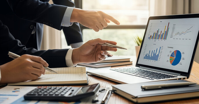 Business meeting in progress as two individuals review financial data and colorful graphs displayed on a laptop, with charts and documents around them.