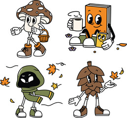 Illustration set of fun and cute autumn mascots like pumpkin, leaf, book, mug, and ghost in cozy seasonal poses for fall designs and celebrations