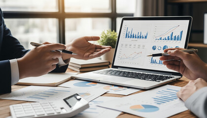 Hands pointing at bar charts on a laptop screen while discussing financial reports, supported by printed charts, pens, and a calculator on the desk.