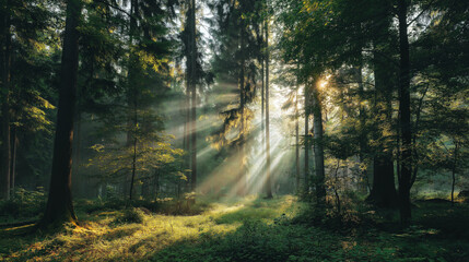 Sunlight Filtering Through Dense Forest Trees