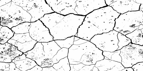 High-contrast black and white cracked earth texture with scattered dark spots and deep fissures, evoking themes of drought, dryness, and climate impact. Ideal for backgrounds or environmental design.