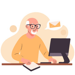Grandfather checking email. Elderly man using laptop. Senior reading message online. Old man browsing internet. Elderly set