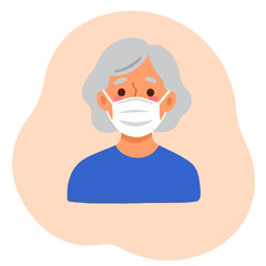 Elderly in medical mask. Senior person wearing face covering. Mature adult in protective gear. Old person staying safe indoors. Elderly set