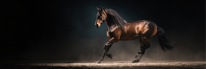 A powerful brown horse gallops through a dusty arena illuminated by dramatic lighting in a dark setting.