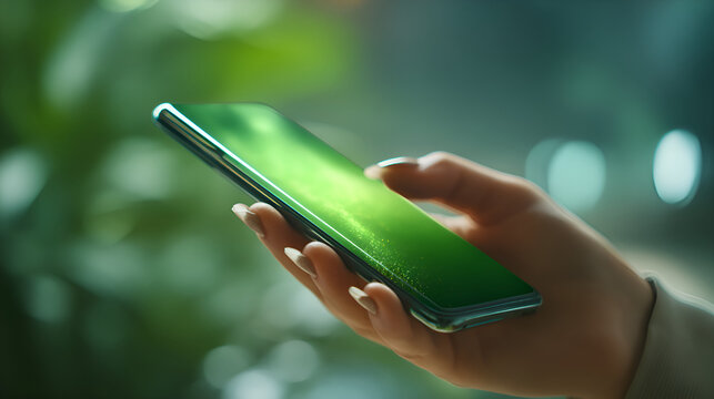 Woman using smartphone with green screen in blurred background
