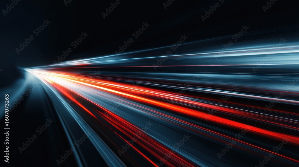 Poster dynamic light trails representing speed and innovation on a dark background, ideal for technology th