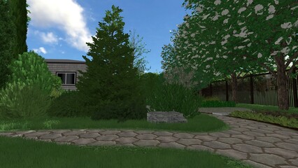 Fototapeta premium 3d image of the landscape design of the home territory. Landscaping of the territory. Computer visualization of composite landscaping and landscaping solutions.