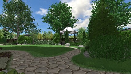 3d image of the landscape design of the home territory. Landscaping of the territory. Computer visualization of composite landscaping and landscaping solutions.