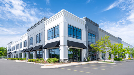 Fototapeta premium Modern Commercial Building Exterior with Large Windows and Black Awnings on a Sunny Day