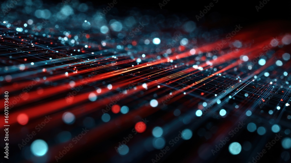 Poster dynamic visualization of glowing lights, representing data flow in a digital atmosphere.