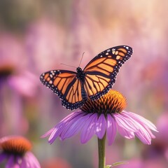 Obraz premium A perfect monarch butterfly rests on a purple coneflower (Echinacea) in a soft, sunlit meadow. The beautiful insect is captured in crisp detail against a dreamy, blurred background