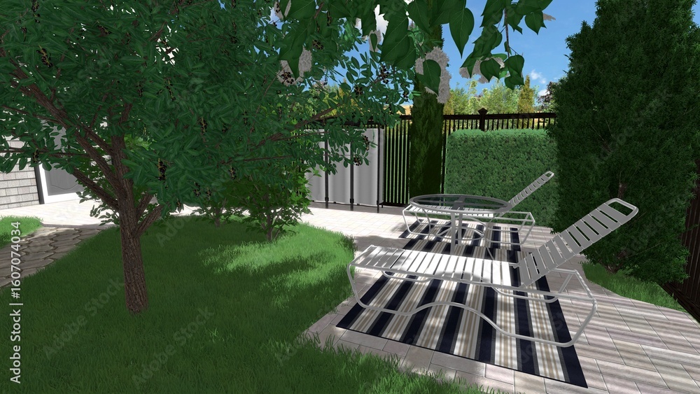 Aufkleber 3d image of the landscape design of the home territory. landscaping of the territory. computer visua