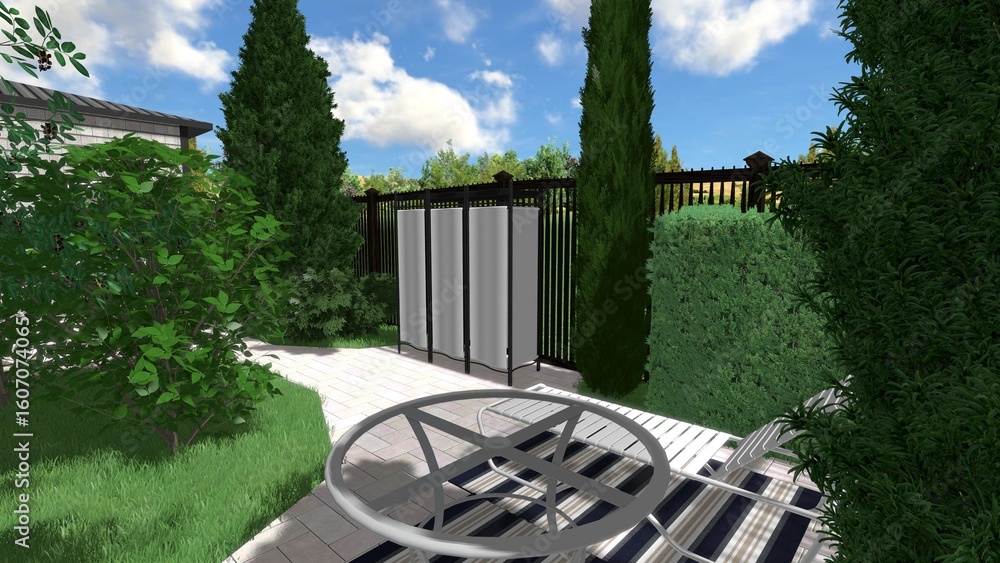Aufkleber 3d image of the landscape design of the home territory. landscaping of the territory. computer visua