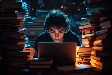 A dedicated teenage boy with curly hair studies intently on his laptop, framed by high stacks of books. The warm glow creates an atmosphere of deep focus and late-night learning