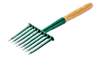 Gardening tool with a dark-green tined head and a light-brown wooden handle