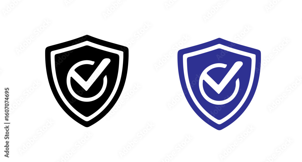 Poster two shield icons displaying a check mark in black and blue on a white background icon set