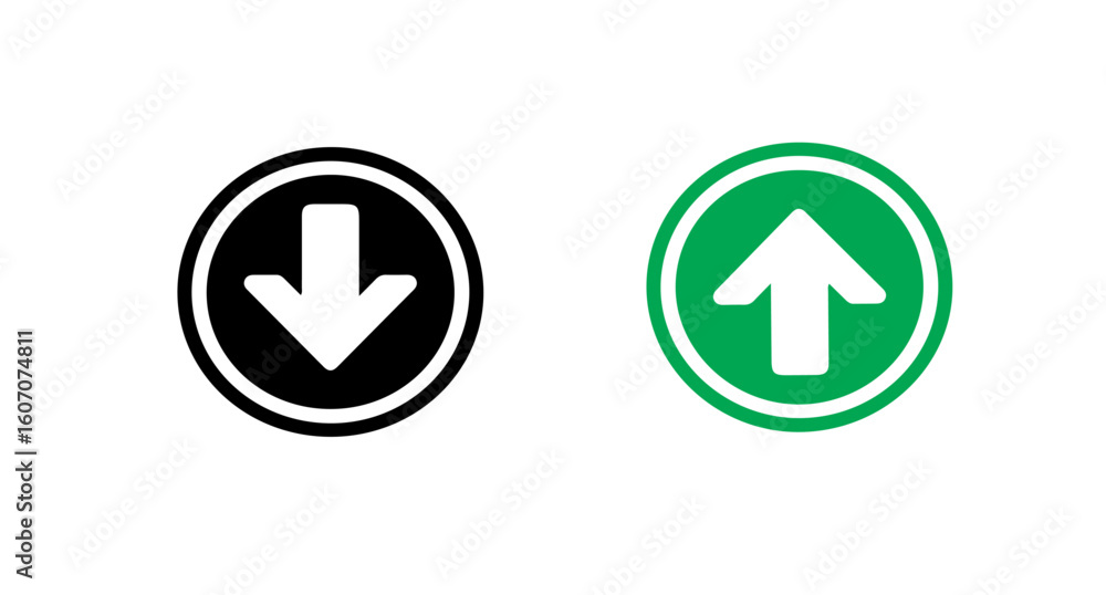 Poster two circular icons showing an arrow pointing down and an arrow pointing up on white background