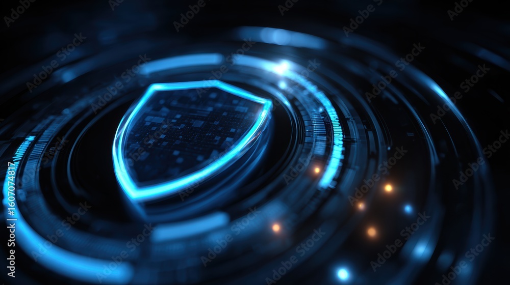 Poster futuristic digital shield design with glowing elements, representing cybersecurity and data protecti