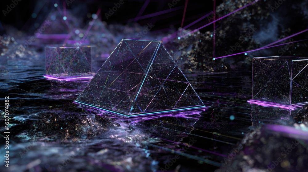 Poster futuristic geometric structures with glowing outlines in a mystical environment, creating a surreal 