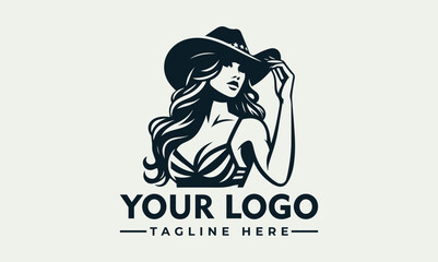 Stylish woman in a cowboy hat, logo design, elegant, monochrome illustration.