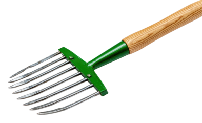 Garden tool with metal tines and wooden handle