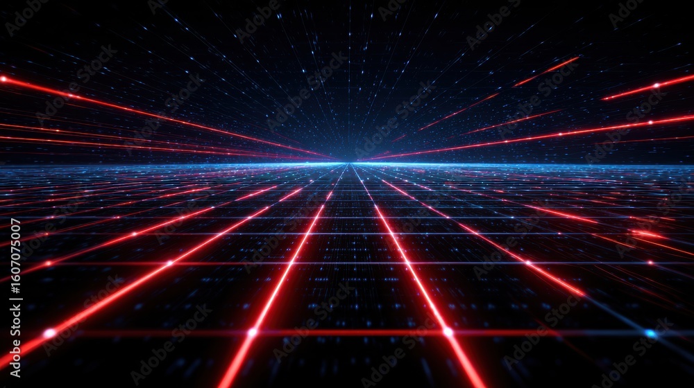 Poster futuristic perspective view with beams of light creating a vibrant and dynamic digital landscape.