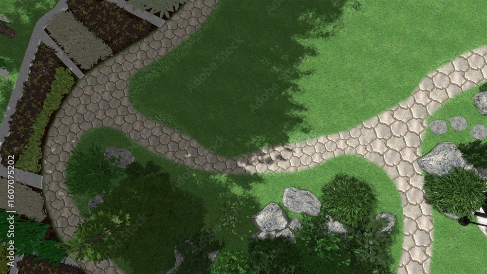 Aufkleber 3d image of the landscape design of the home territory. landscaping of the territory. computer visua
