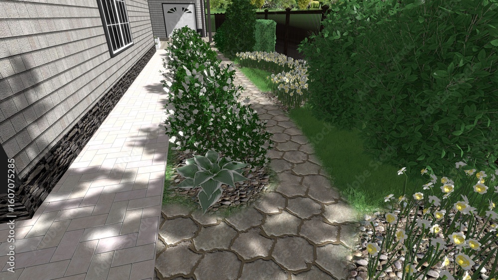 Poster 3d image of the landscape design of the home territory. landscaping of the territory. computer visua