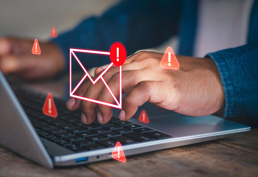 Email security threat and spam warning concept. Person click email with red warning icons and envelope representing email threats, phishing, spam alerts, cybersecurity risk in digital communication - Powered by Adobe