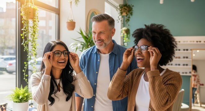diverse group of people trying on glasses in a bright optician's shop. friendly atmosphere with natural light and greenery. retail, eyewear shopping, lifestyle.