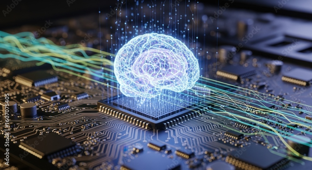 Poster digital brain simulation on circuit motherboard with streaming electronic signals.
