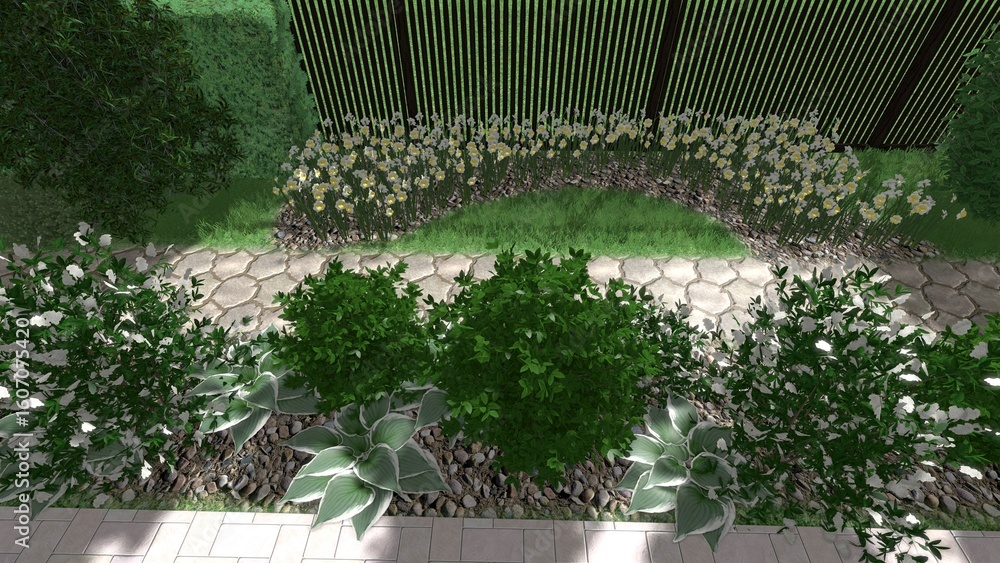 Aufkleber 3d image of the landscape design of the home territory. landscaping of the territory. computer visua